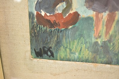 Lot 978 - *Robert Sadler (1909-2001) Figurative, Two Girls on the Beach, 1956, oil on board, signed WRS, inscribed verso, 27.5 x 19cm, framed
