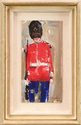 Lot 979 - *Robert Sadler (1909-2001) Figurative, Sentry, 1990, acrylic on board, signed, dated, 20 x 9.5cm, framed