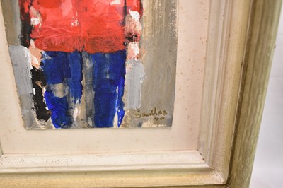 Lot 979 - *Robert Sadler (1909-2001) Figurative, Sentry, 1990, acrylic on board, signed, dated, 20 x 9.5cm, framed