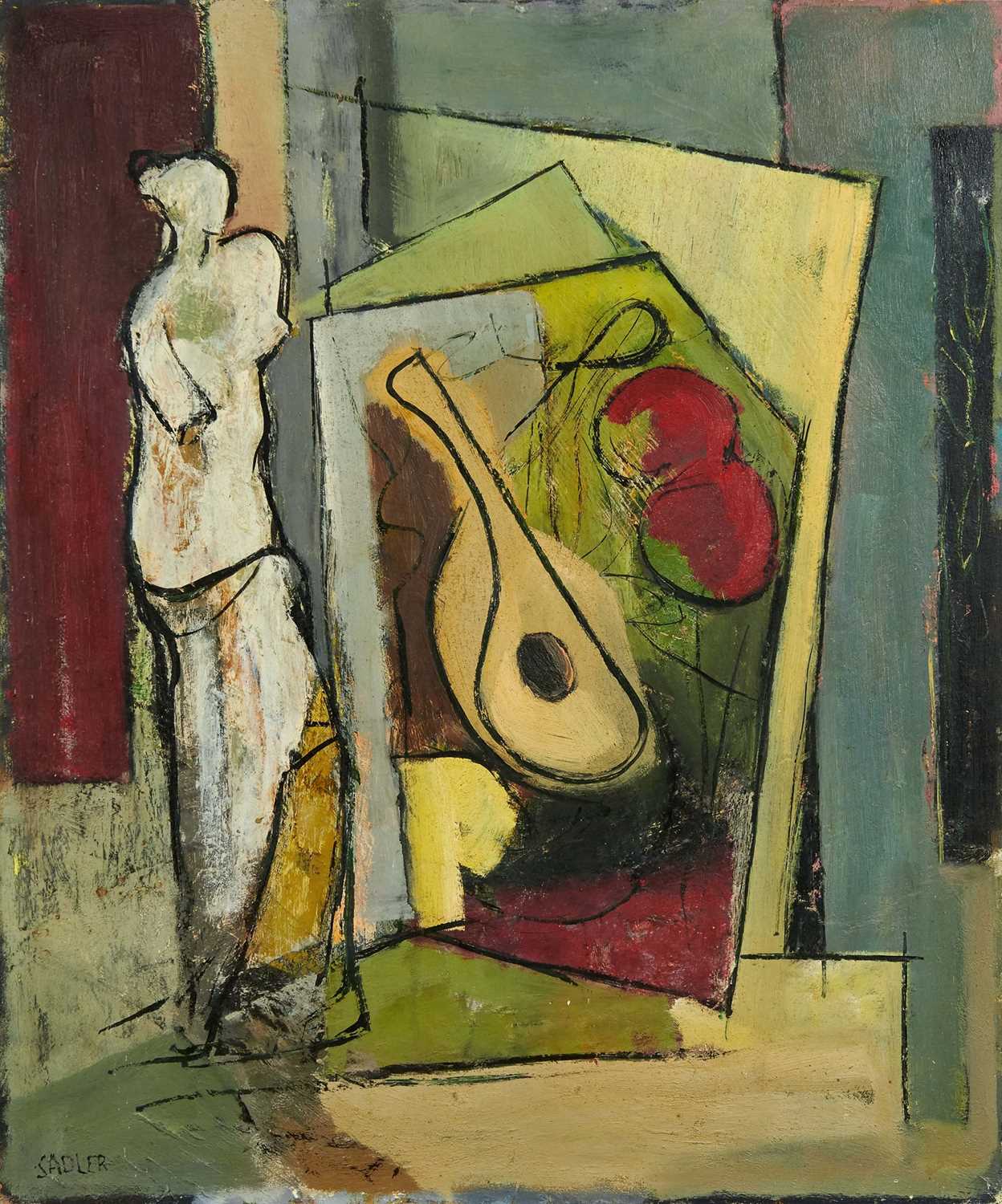 Lot 977 - *Robert Sadler (1909-2001) Still Life (Venus de Milo & other paintings), 1950s/60s, oil on board, signed, 76.5 x 63.5cm, unframed