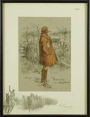 Lot 1326 - Snaffles, Charles Johnson Payne (1884-1967) hand coloured print - 'The Gunner', with Snaffle blindstamp, 43cm x 33cm, in glazed frame 
Provenance: Malcolm Innes Gallery