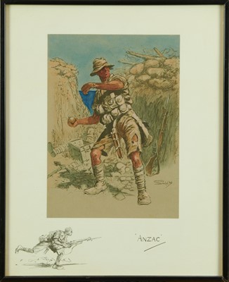 Lot 1327 - Snaffles, Charles Johnson Payne (1884-1967) hand coloured print - 'Anzac', with Snaffle blindstamp, 42cm x 34cm, in glazed frame 
Provenance: Malcolm Innes Gallery