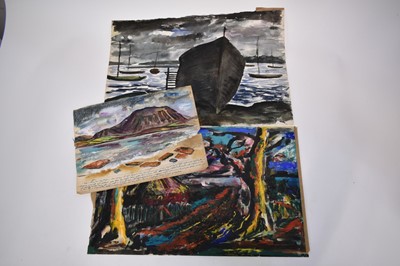 Lot 945 - *Colin Moss (1914-2005) estuary scene, watercolour, signed and dated '50, 38 x 56cm, together with two further landscapes on paper by Colin Moss. (3)