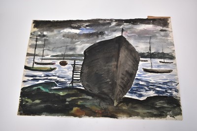 Lot 945 - *Colin Moss (1914-2005) estuary scene, watercolour, signed and dated '50, 38 x 56cm, together with two further landscapes on paper by Colin Moss. (3)