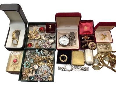 Lot 1042 - Victorian gold brooch, Victorian silver horseshoe brooch, George III silver coin pendant, vintage costume brooches, vintage costume jewellery and wristwatches