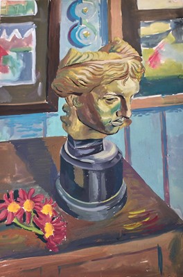 Lot 947 - *Colin Moss (1914-2005) watercolour and bodycolour, still life with bust, unsigned, studio stamp verso, 56 x 38cm