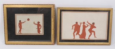 Lot 1038 - Two decorative 19th century Grand Tour coloured engravings in the manner of Flaxman, depicting Greek figural friezes, 14 x 18cm in glazed gilt frames