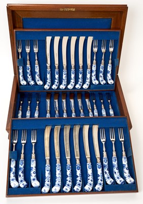 Lot 558 - Set of 18 Victorian silver and Meissen porcelain handled fruit/dessert knives and forks