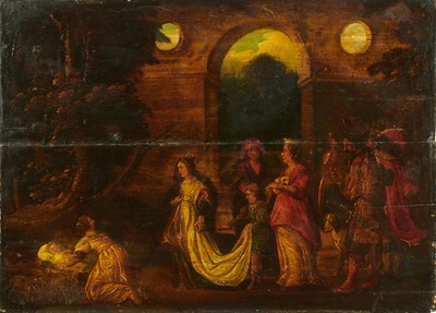 Lot 869 - Continental School, 17th century, oil on panel - Moses in the Bullrushes, 50cm x 69cm, unframed