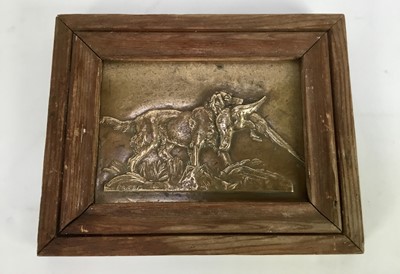 Lot 783 - Pair of bronze relief panels depicting sporting dogs, signed Pezot, mounted in wooden frames, 20.5cm x 25.5cm overall
