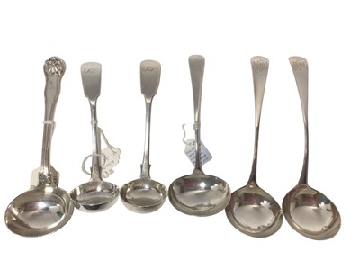 Lot 13 - Group of six silver sauce ladles, including a pair of fiddle pattern ladles (Edinburgh 1836 and 1838), a Willliam IV fiddle, thread and shell pattern ladle and three Georgian ladles, the largest 18...