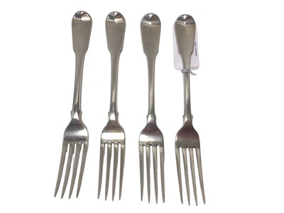 Lot 16 - Set of four fiddle pattern silver table forks, engraved lion passant to each handle, London 1807 (Richard Crossley & George Smith), 9.5oz