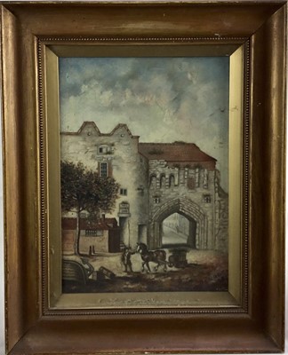 Lot 190 - Interesting oil on canvas of 'Watergate Southampton as it was in the year 1814', by H.E. Locke, dated 1886, framed  and glazed