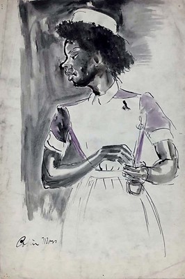 Lot 961 - *Colin Moss (1914-2005), pen and watercolour - Portrait of a nurse, signed 66 x 38cm