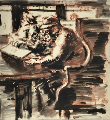 Lot 950 - *Colin Moss (1914-2005) mixed media, Figures on a train, 38 x 38cm