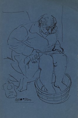 Lot 16 - Colin Moss (1914-2005) pen and ink, woman bathing her feet, signed, 40 x 27cm, together with a mixed media study by Colin Moss of a mother and child. (2)