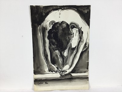 Lot 17 - Colin Moss (1914-2005) indian ink, Miner, 21 x 15cm, together with two further works on paper by Colin Moss
