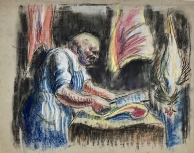 Lot 955 - *Colin Moss (1914-2005) mixed media, The butcher, signed and dated '50, 41 x 51cm