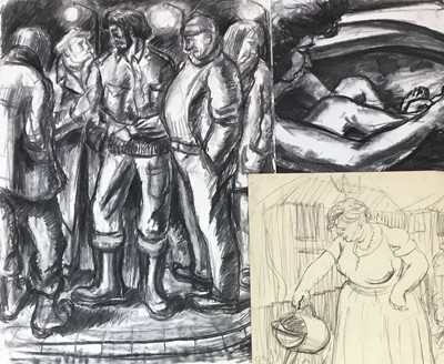 Lot 954 - *Colin Moss (1914-2005) pencil, Gardener, signed 55 x 38cm, together with two further figural studies by the same hand. (3)