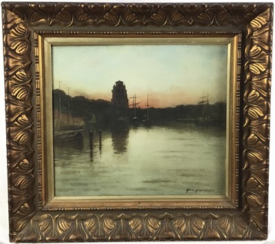 Lot 32 - Hans Hansen (1853-1947) watercolour, Twilight dock scene, 35cm x 39cm, glazed frame