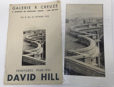 Lot 81 - David Hill (1914-1977), pen and ink, surrealist architectural study with figures, 42 x 22cm, accompanied by a Gallerie R. Creuze poster illustrated with the current lot. (2)