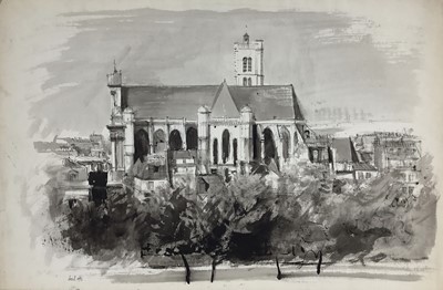 Lot 83 - David Hill (1914-1977), pen and ink and wash, St Gervais, Paris, dated April 1952, 50 x 32cm, and various other landscape and city views in a variety of media on paper. (20)
