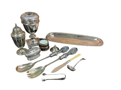 Lot 83 - Late Victorian silver plated oil lamp base, ideal for conversion to a table lamp and other plated items