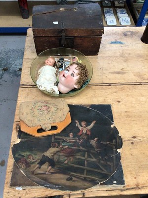 Lot 11 - Late 18th / early 19th century oak travelling trunk, together with antique Armand Marseilles doll, other vintage toys, glass bowl a 17th century style oil on canvas