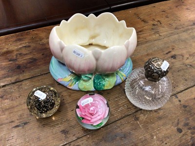 Lot 29 - Clarice Cliff water lily vase, together with a silver topped scent bottle and two paperweights