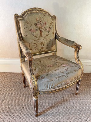 Lot 1053 - 19th century French gilt wood open armchair, with Aubusson tapestry upholstery and leaf and guilloche carved showwood frame on fluted tapered legs