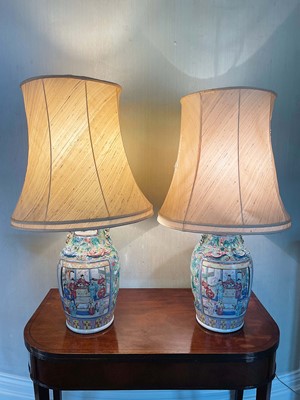 Lot 1059 - Pair of 19th century Chinese Canton enamel baluster vases, converted to lamps