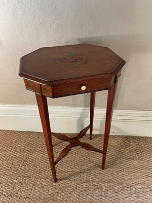Lot 1060 - Edwardian satinwood and polychrome painted side table, of octagonal outline, with frieze drawer on square tapered legs united by an H-stretcher, 38cm wide x 32cm deep x 71cm high