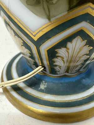 Lot 1058 - Pair of 19th century painted bohemian milk glass vases, presented as lamps, painted with exotic birds. vases 50cm high