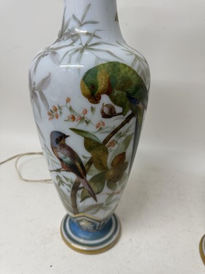 Lot 1058 - Pair of 19th century painted bohemian milk glass vases, presented as lamps, painted with exotic birds. vases 50cm high