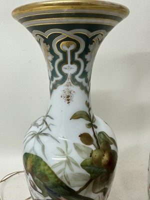 Lot 1058 - Pair of 19th century painted bohemian milk glass vases, presented as lamps, painted with exotic birds. vases 50cm high