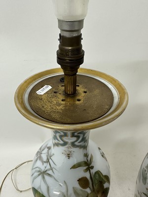 Lot 1058 - Pair of 19th century painted bohemian milk glass vases, presented as lamps, painted with exotic birds. vases 50cm high