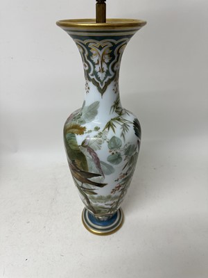 Lot 1058 - Pair of 19th century painted bohemian milk glass vases, presented as lamps, painted with exotic birds. vases 50cm high