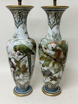 Lot 1058 - Pair of 19th century painted bohemian milk glass vases, presented as lamps, painted with exotic birds. vases 50cm high