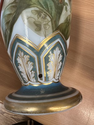 Lot 1058 - Pair of 19th century painted bohemian milk glass vases, presented as lamps, painted with exotic birds. vases 50cm high