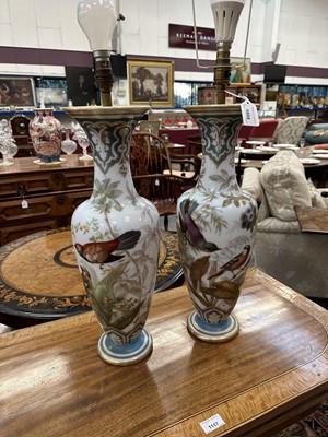 Lot 1058 - Pair of 19th century painted bohemian milk glass vases, presented as lamps, painted with exotic birds. vases 50cm high