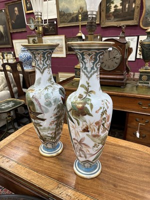 Lot 1058 - Pair of 19th century painted bohemian milk glass vases, presented as lamps, painted with exotic birds. vases 50cm high