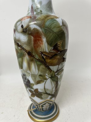 Lot 1058 - Pair of 19th century painted bohemian milk glass vases, presented as lamps, painted with exotic birds. vases 50cm high