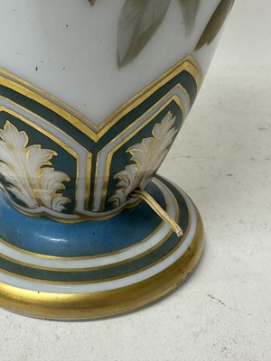 Lot 1058 - Pair of 19th century painted bohemian milk glass vases, presented as lamps, painted with exotic birds. vases 50cm high