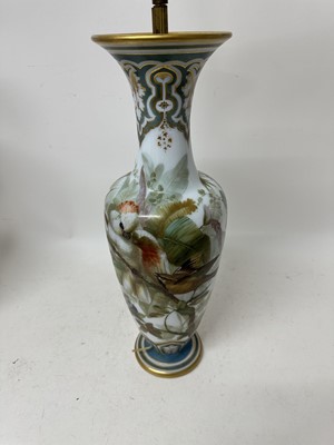 Lot 1058 - Pair of 19th century painted bohemian milk glass vases, presented as lamps, painted with exotic birds. vases 50cm high