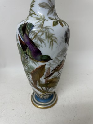 Lot 1058 - Pair of 19th century painted bohemian milk glass vases, presented as lamps, painted with exotic birds. vases 50cm high