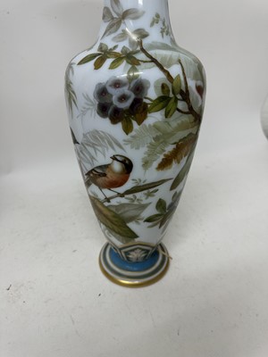 Lot 1058 - Pair of 19th century painted bohemian milk glass vases, presented as lamps, painted with exotic birds. vases 50cm high