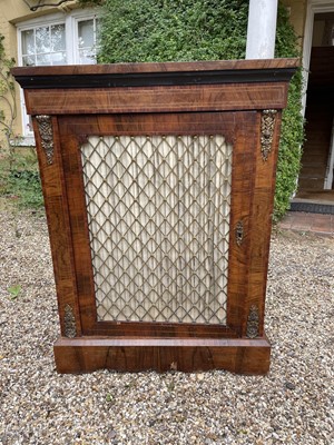 Lot 1076 - Victorian figured walnut and gilt metal mounted pier cabinet, enclosed by silk lined grille door on plinth, 81cm wide x 32cm deep x 107cm high