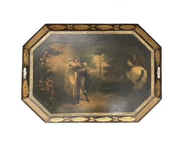 Lot 1066 - Regency painted toleware tray, of canted rectangular form, painted with scene of a romantic tryst, 54 x 76cm together with a Victorian painted and mother of pearl inlaid Papier Mache tray. (2)