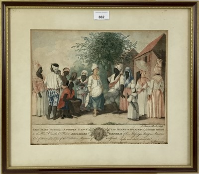 Lot 862 - Agostino Brunias (c.1730-1796) pair of hand coloured engravings - "A Cudgelling Match between English and French Negroes" and "Negroes Dance in the Island of Dominica"