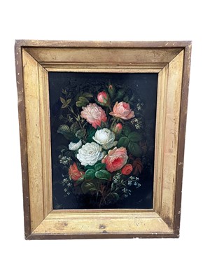 Lot 855 - 19th century oil on slate panel - Still Life, Profusion of Summer Flowers, 30.5cm x 23cm, in gilt frame